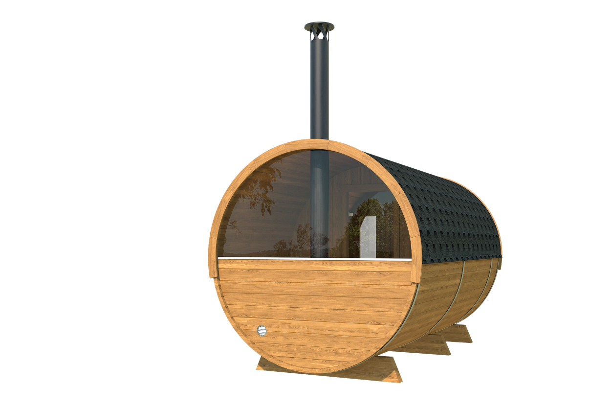 kaja 400 dt barrel sauna with porch & changing room & half moon glass back