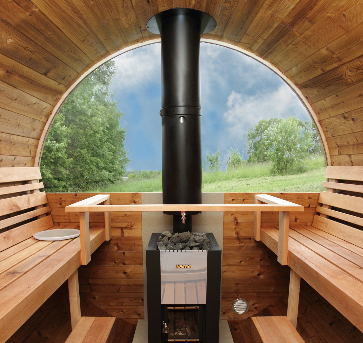 kaja 400 dt barrel sauna with porch & changing room & half moon glass back