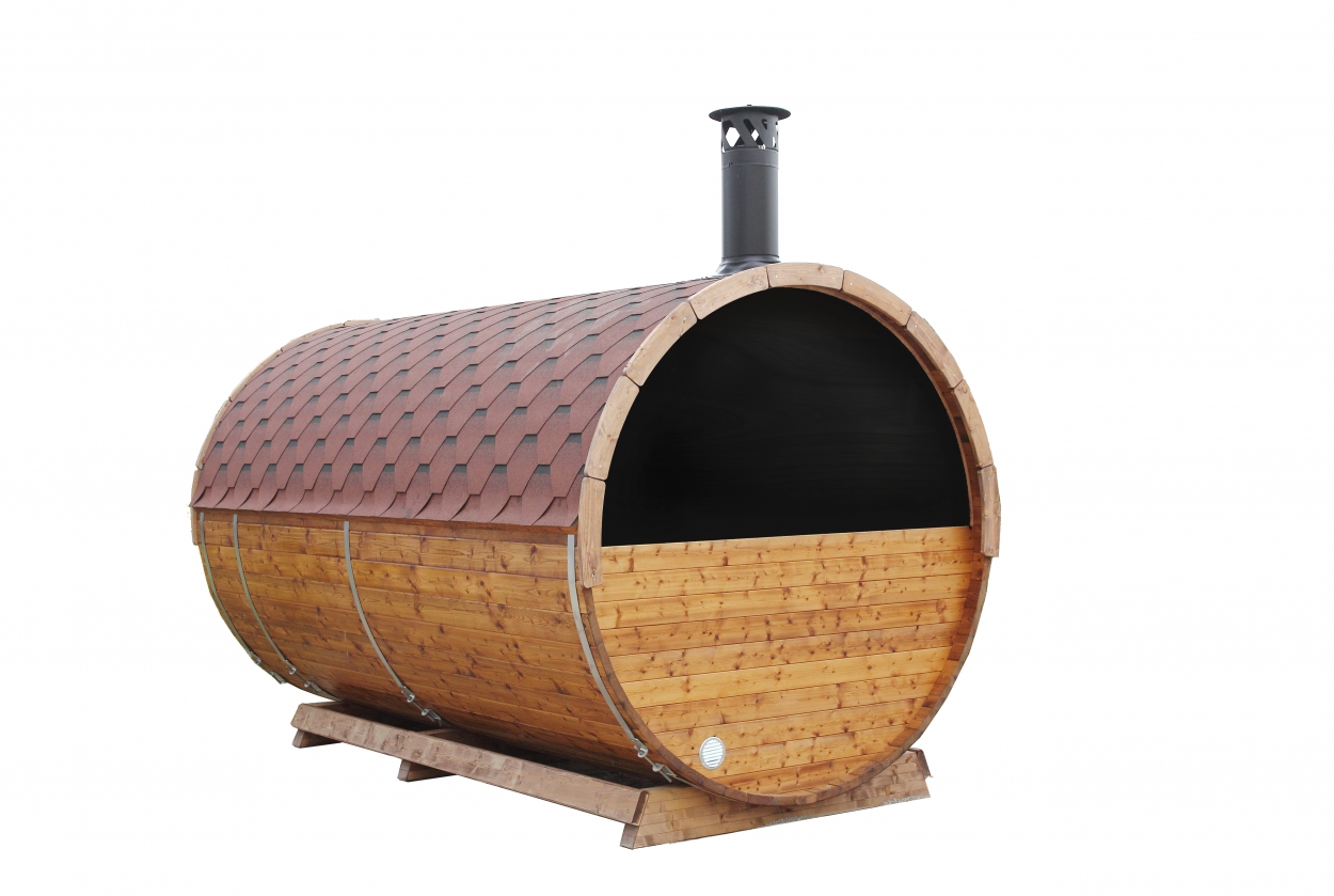 kaja 400 dt barrel sauna with porch & changing room & half moon glass back