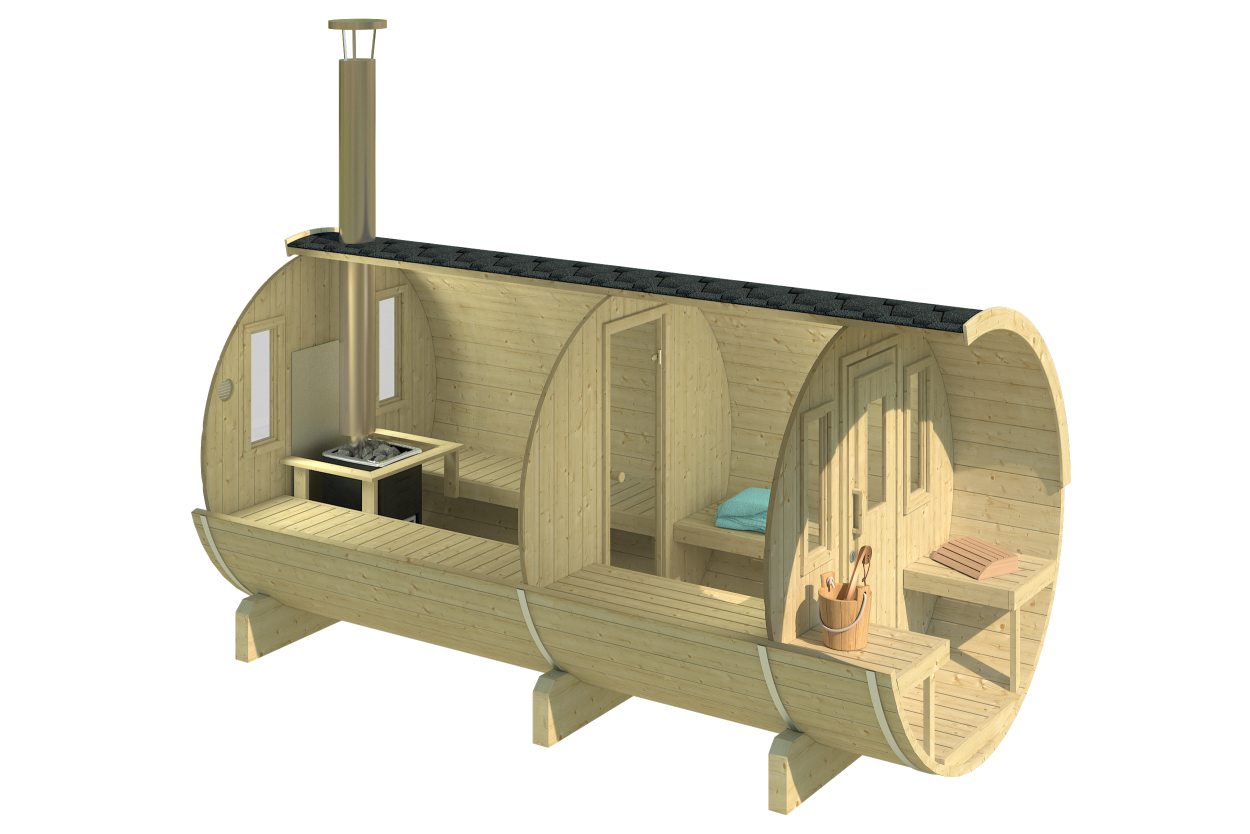 kaja 400 t barrel sauna with porch & changing room