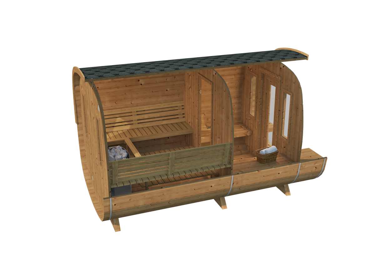 milla oval sauna with porch