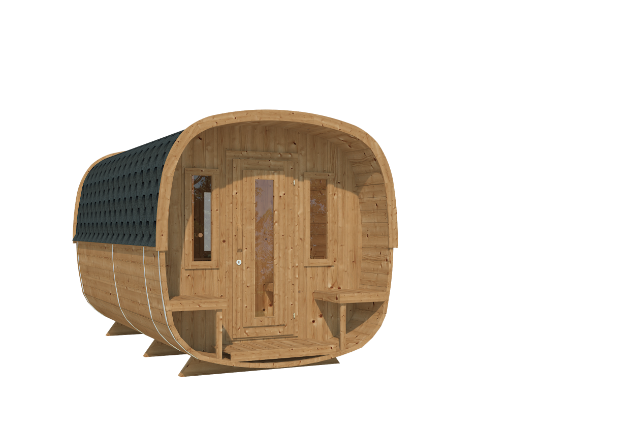 milla oval sauna with porch